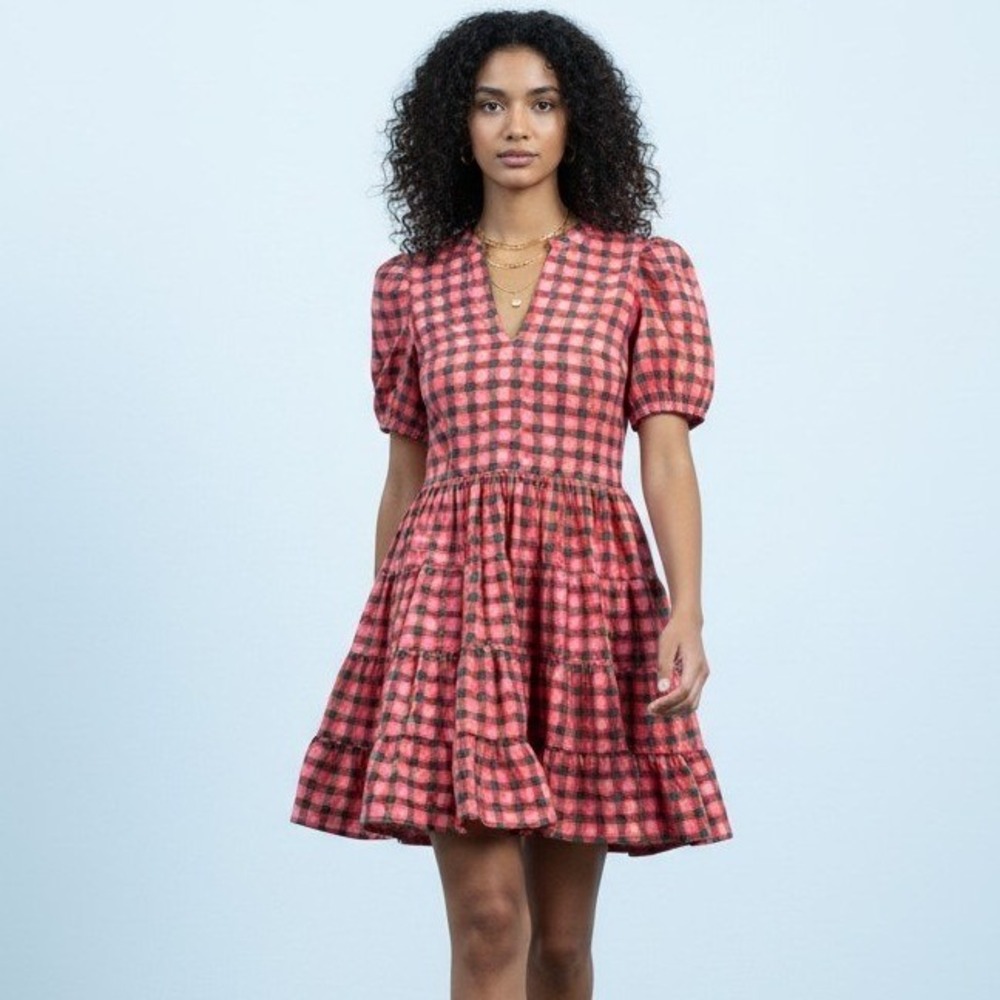 Avara Dannie Dress Pink Red Green Geometric Tiered Puff Sleeve Mini NWT Small